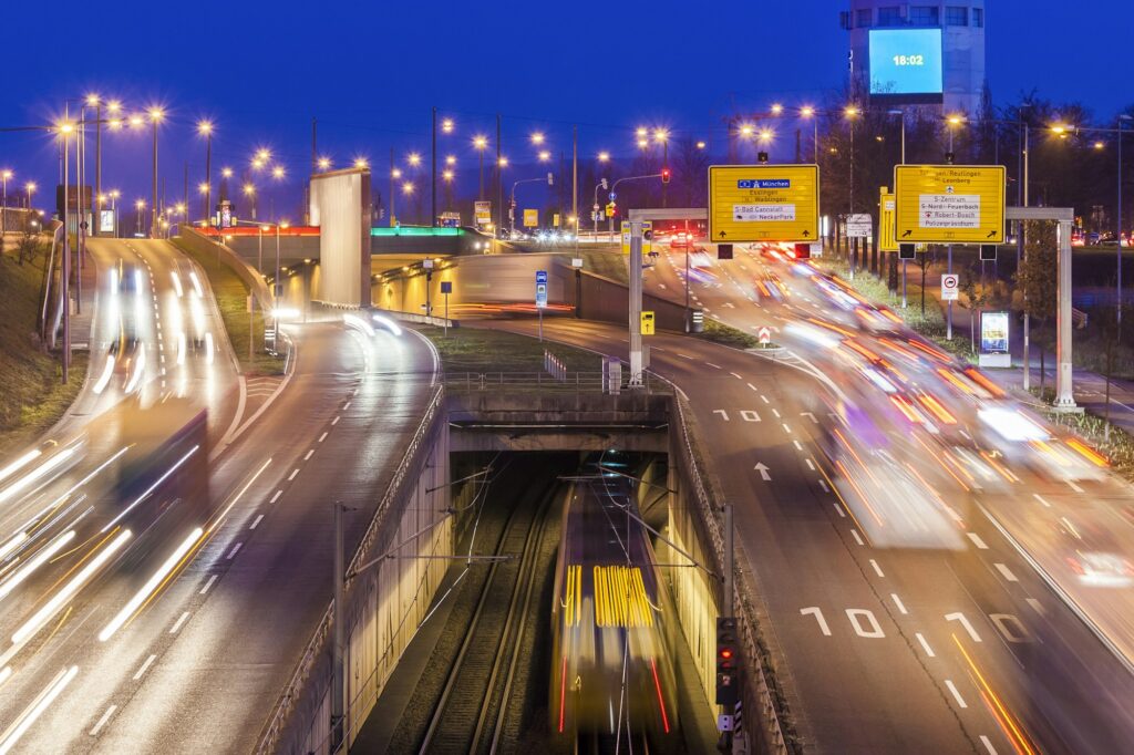 Germany, Baden-Wuerttemberg, Stuttgart, traffic in the evening